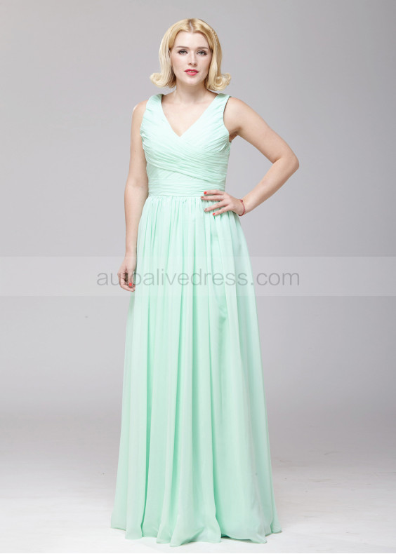 V Neck Mint Green Pleated Chiffon Fashion Bridesmaid Dress